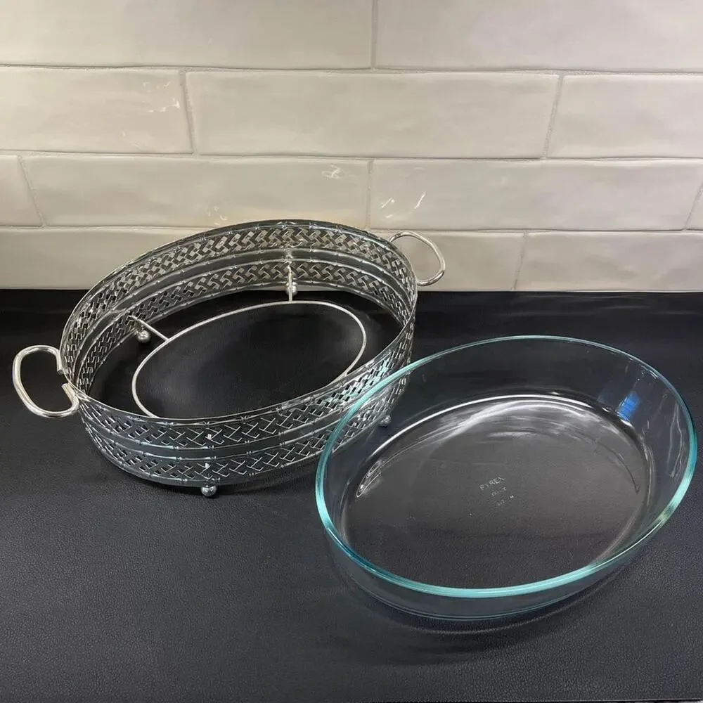 England Silverplated Bamboo Basketweave Vintage Pyrex Dish Holder